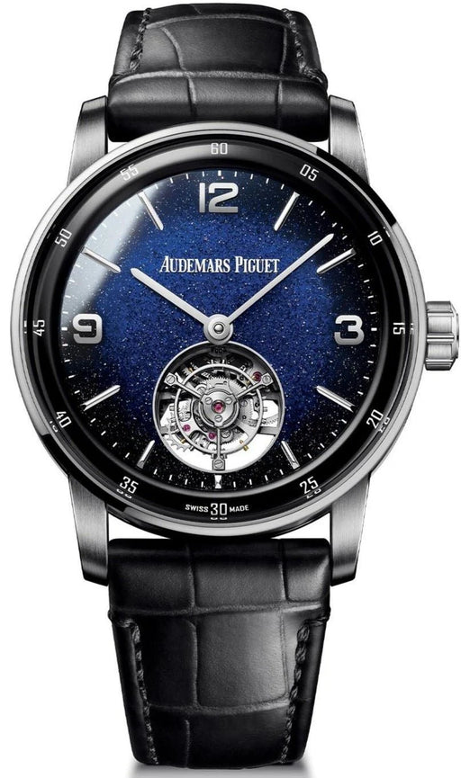 Audemars Piguet Code 11.59 41mm white gold watch featuring a blue aventurine enamel dial and black alligator strap with folding clasp.