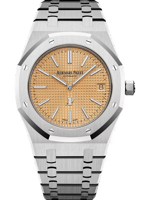 Audemars Piguet Royal Oak 15202BC.OO.1240BC.01 “Jumbo” Extra-Thin with 18-carat white gold case and bracelet, featuring a rose gold-toned “Petite Tapisserie” dial.