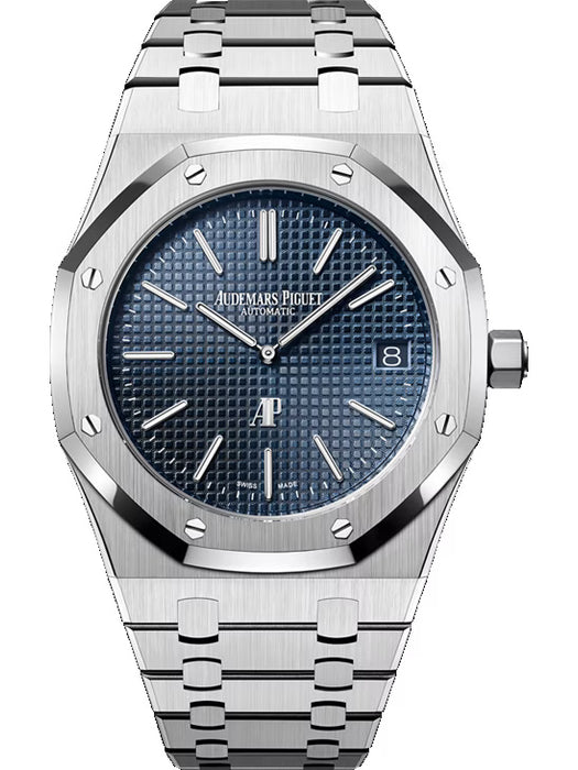 Audemars Piguet Royal Oak 15202ST.OO.1240ST.01.A in stainless steel with blue “Petite Tapisserie” dial.