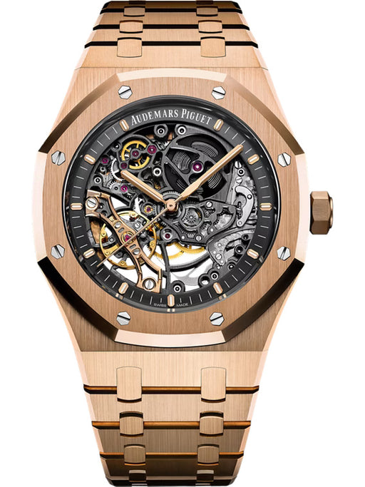 Luxury Audemars Piguet Royal Oak Double Balance Wheel Openworked watch in rose gold with a slate grey skeletonized dial and matching integrated bracelet.