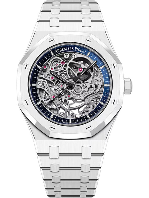 Luxury Audemars Piguet Royal Oak 41mm White Ceramic with Blue Aventurine Openworked Dial and Ceramic Bracelet.