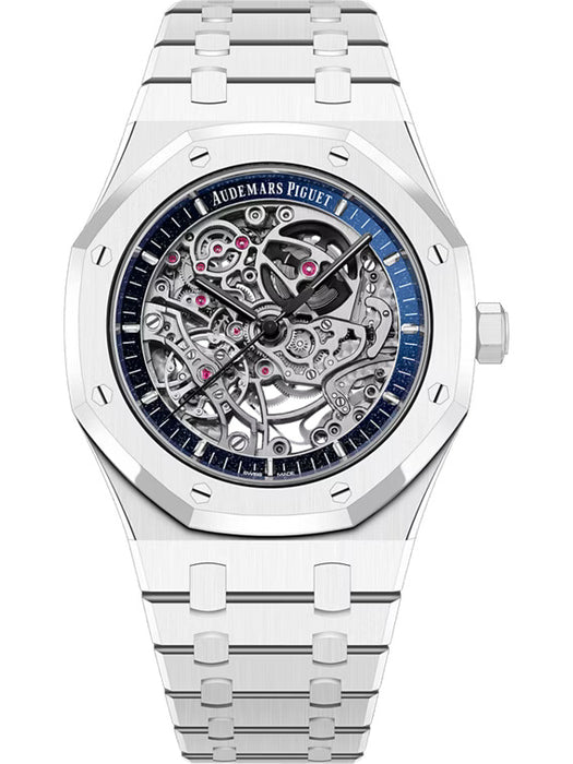 Luxury Audemars Piguet Royal Oak 41mm White Ceramic with Blue Aventurine Openworked Dial and Ceramic Bracelet.