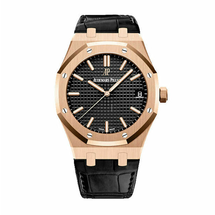 Audemars Piguet Royal Oak in 41mm rose gold featuring a black Grande Tapisserie dial and black alligator strap.