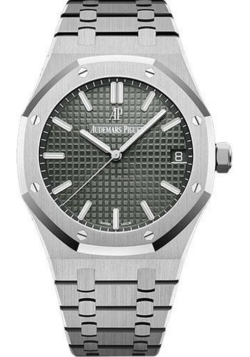 Audemars Piguet Royal Oak in 41mm stainless steel with a grey Grande Tapisserie dial and integrated stainless steel bracelet.