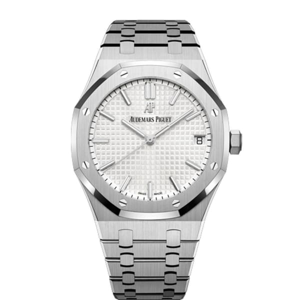 Audemars Piguet Royal Oak 41mm in stainless steel with a silver-toned Grande Tapisserie dial and integrated stainless steel bracelet.