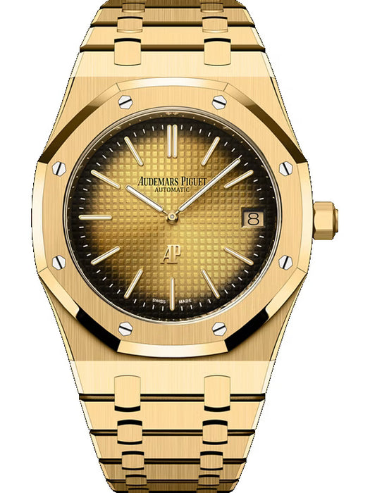 Audemars Piguet Royal Oak 16202BA.OO.1240BA.02 in yellow gold with smoked yellow-gold-toned “Petite Tapisserie” dial.