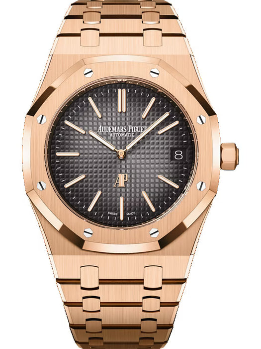 Audemars Piguet Royal Oak 16202OR.OO.1240OR.02 “Jumbo” Extra-Thin with 18-carat rose gold case and smoked grey “Petite Tapisserie” dial.