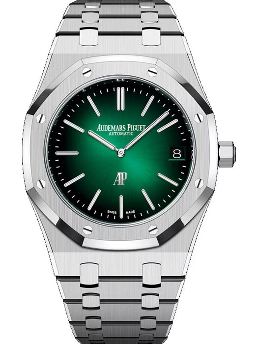 Audemars Piguet Royal Oak 16202PT.OO.1240PT.01 in platinum with green sunray dial and platinum bracelet.