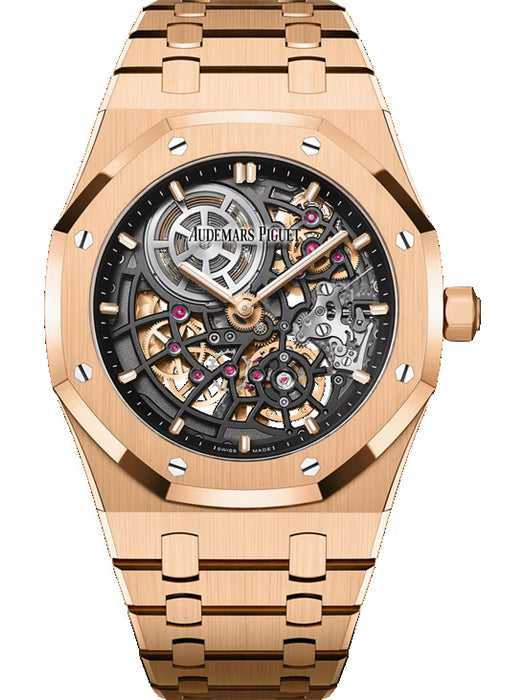 Audemars Piguet Royal Oak 16204OR.OO.1240OR.01 “Jumbo” Extra-Thin Openworked 50th Anniversary with 18-carat rose gold case and bracelet, openworked slate grey dial.