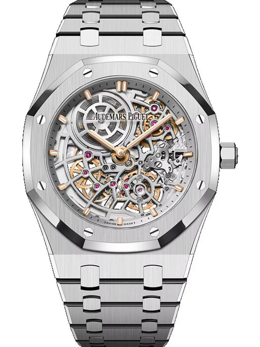 Audemars Piguet Royal Oak 16204ST.OO.1240ST.01 “Jumbo” Extra-Thin Openworked 50th Anniversary with stainless steel case and openworked rhodium-toned dial.
