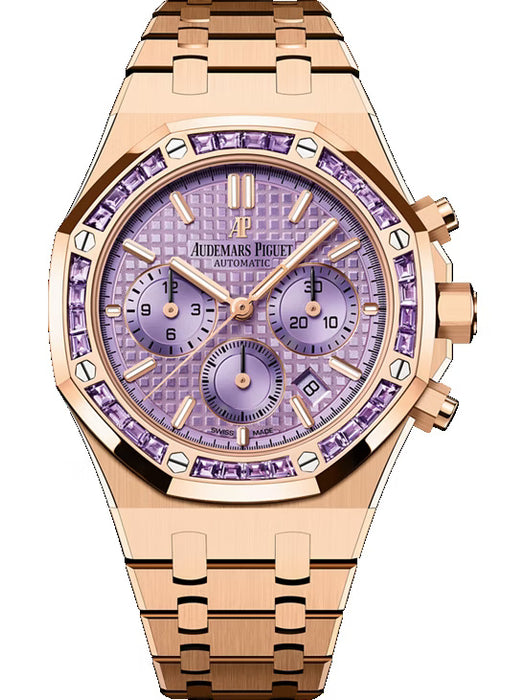Audemars Piguet Royal Oak Selfwinding Chronograph 26319OR.AY.1256OR.01 in rose gold with baguette-cut amethyst bezel and purple “Grande Tapisserie” dial.