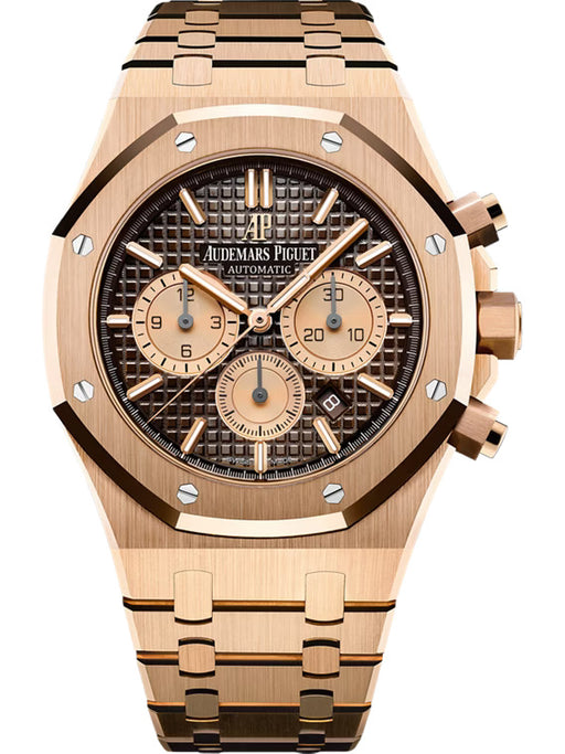 Luxury Audemars Piguet Royal Oak Selfwinding Chronograph in rose gold with a chocolate brown dial and matching rose gold bracelet.