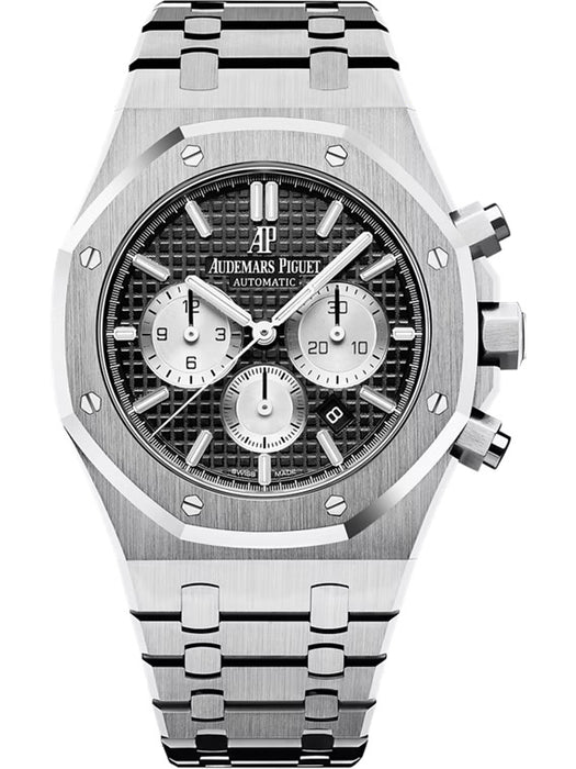 Luxury Audemars Piguet Royal Oak Selfwinding Chronograph in stainless steel with black Grande Tapisserie dial and silver sub-dials.