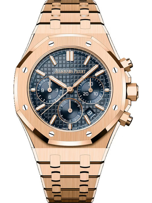 Audemars Piguet Royal Oak Selfwinding Chronograph 26715OR.OO.1356OR.01 in 18-carat pink gold with blue “Grande Tapisserie” dial.