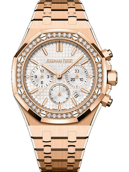 Audemars Piguet Royal Oak Selfwinding Chronograph 26715OR.ZZ.1356OR.01 in 18-carat pink gold with diamond-set bezel and silver “Grande Tapisserie” dial.