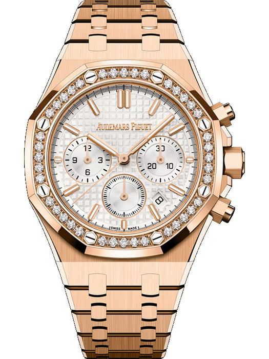 Audemars Piguet Royal Oak Selfwinding Chronograph 26715OR.ZZ.1356OR.01 in 18-carat pink gold with diamond-set bezel and silver “Grande Tapisserie” dial.