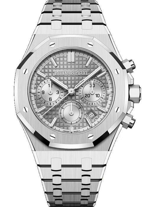 Audemars Piguet Royal Oak Selfwinding Chronograph 26715ST.OO.1356ST.02 featuring a 38mm stainless steel case and grey “Grande Tapisserie” dial with silver subdials.