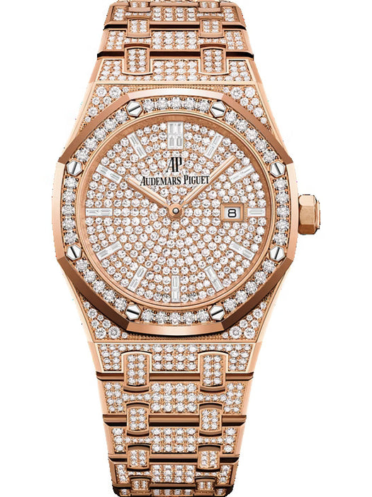 Audemars Piguet Royal Oak Quartz 67652OR.ZZ.1265OR.01 with 33mm pink gold case and bracelet fully set with brilliant-cut and baguette-cut diamonds.
