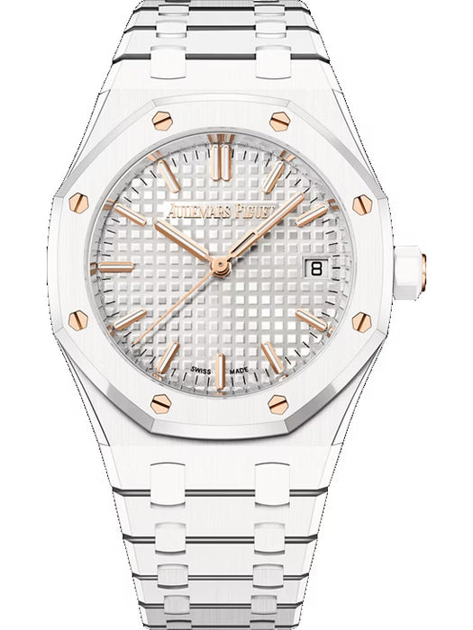 Audemars Piguet Royal Oak Selfwinding 77350CB.OO.1266CB.01 with 34mm white ceramic case and rose gold accents.