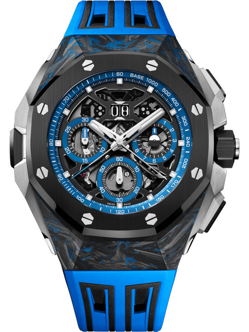 Audemars Piguet Royal Oak Concept Split-Seconds Chronograph GMT Large Date in CFT Carbon and black ceramic with blue and black rubber strap and openworked dial.