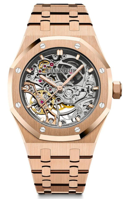 Audemars Piguet Royal Oak Double Balance Wheel Openworked 37mm in rose gold with a rhodium-toned skeleton dial and integrated rose gold bracelet.