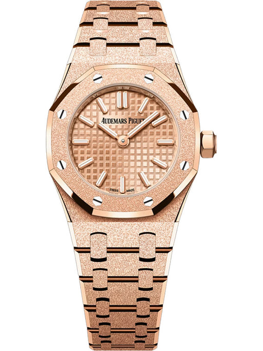 Audemars Piguet Royal Oak Mini Frosted Gold Quartz 67630OR.GG.1312OR.01-B in 18-carat pink gold with pink gold-toned dial and hammered Frosted Gold bracelet.