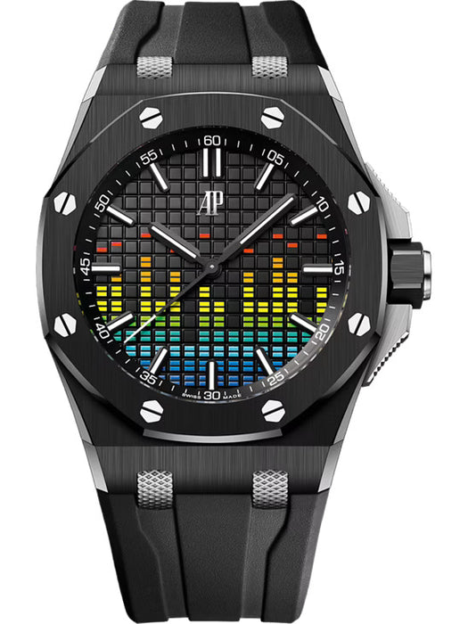Audemars Piguet Royal Oak Offshore 43mm limited edition watch in black ceramic with a VU meter dial and black rubber strap.