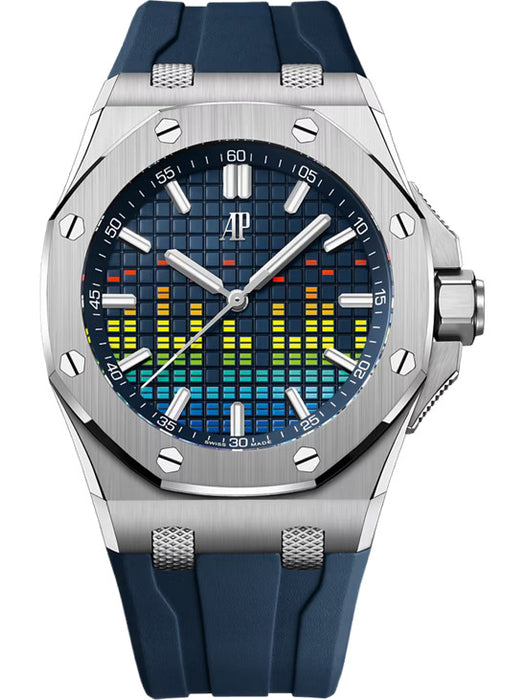 Audemars Piguet Royal Oak Offshore Music Edition Selfwinding watch in titanium with blue dial featuring a VU meter motif and blue rubber strap.