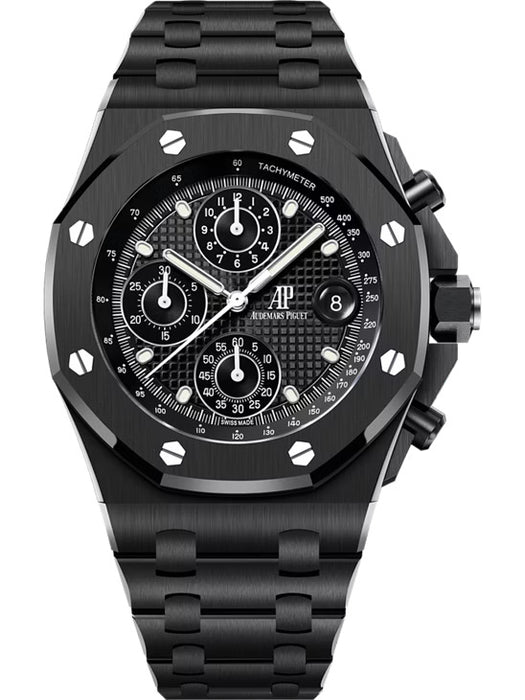 Audemars Piguet Royal Oak Offshore Chronograph 42mm in black ceramic with black Petite Tapisserie dial and ceramic bracelet.