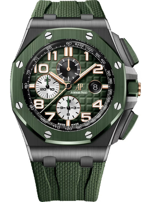 Audemars Piguet Royal Oak Offshore 26405CE in black ceramic with 44mm smoked green dial, green rubber strap, and titanium buckle.