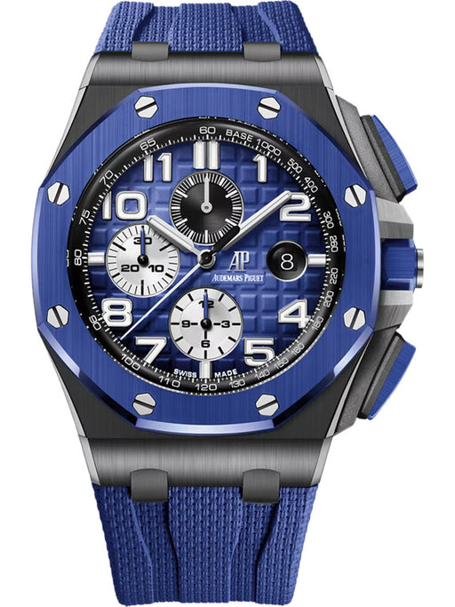 Audemars Piguet Royal Oak Offshore Chronograph in black ceramic with smoked blue “Méga Tapisserie” dial and blue rubber strap.