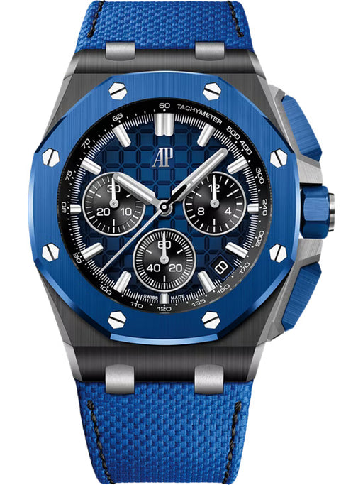 Audemars Piguet Royal Oak Offshore Selfwinding Chronograph watch with black ceramic case, blue ceramic bezel, smoked blue dial, and blue calfskin strap.