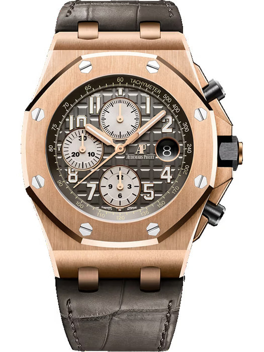 Audemars Piguet Royal Oak Offshore 26470OR in rose gold with 42mm grey dial and hand-stitched grey alligator strap.