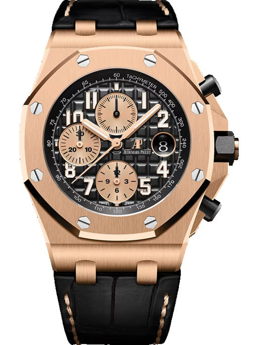 Audemars Piguet Royal Oak Offshore 26470OR luxury watch in rose gold with 42mm black Méga Tapisserie dial and black alligator strap.