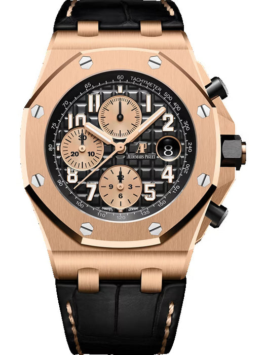 Audemars Piguet Royal Oak Offshore 26470OR luxury watch in rose gold with 42mm black Méga Tapisserie dial and black alligator strap.