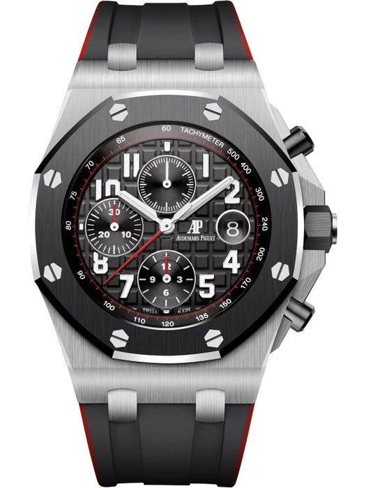 Audemars Piguet Royal Oak Offshore 42mm chronograph in stainless steel with a black “Méga Tapisserie” dial and black-red rubber strap.