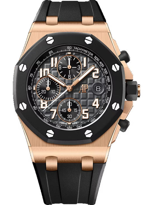 Audemars Piguet Royal Oak Offshore Chronograph 42mm in 18-carat pink gold with anthracite grey Méga Tapisserie dial and black rubber strap.
