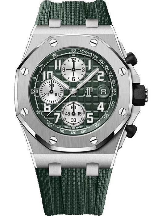 Audemars Piguet Royal Oak Offshore Chronograph 42mm in titanium with khaki green Méga Tapisserie dial and khaki rubber strap.