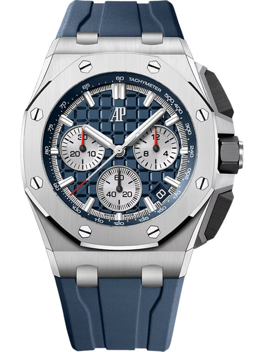 Audemars Piguet Royal Oak Offshore Chronograph 26420TI.OO.A027CA.01 in Titanium with Blue Méga Tapisserie dial and interchangeable rubber strap.