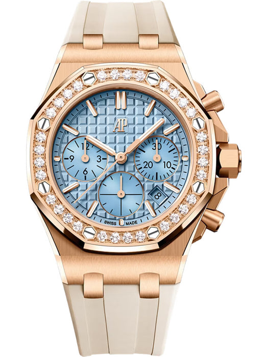 Audemars Piguet Royal Oak Offshore Selfwinding Chronograph 26231OR.ZZ.A085CA.01 in 18-carat Pink Gold with a light blue dial and beige rubber strap.