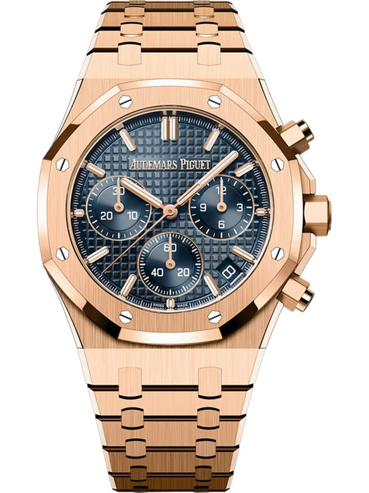 Audemars Piguet Royal Oak Selfwinding Chronograph 26240OR.OO.1320OR.05 in 18-carat pink gold with Bleu Nuit dial and matching pink gold bracelet.