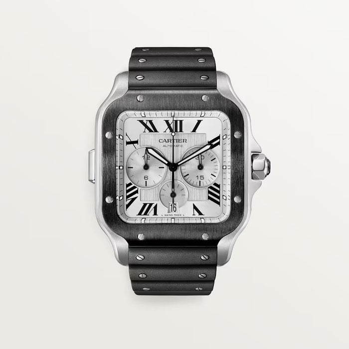 Cartier Santos de Cartier Chronograph WSSA0017 in stainless steel featuring a silvered opaline dial and Santos-style bracelet.