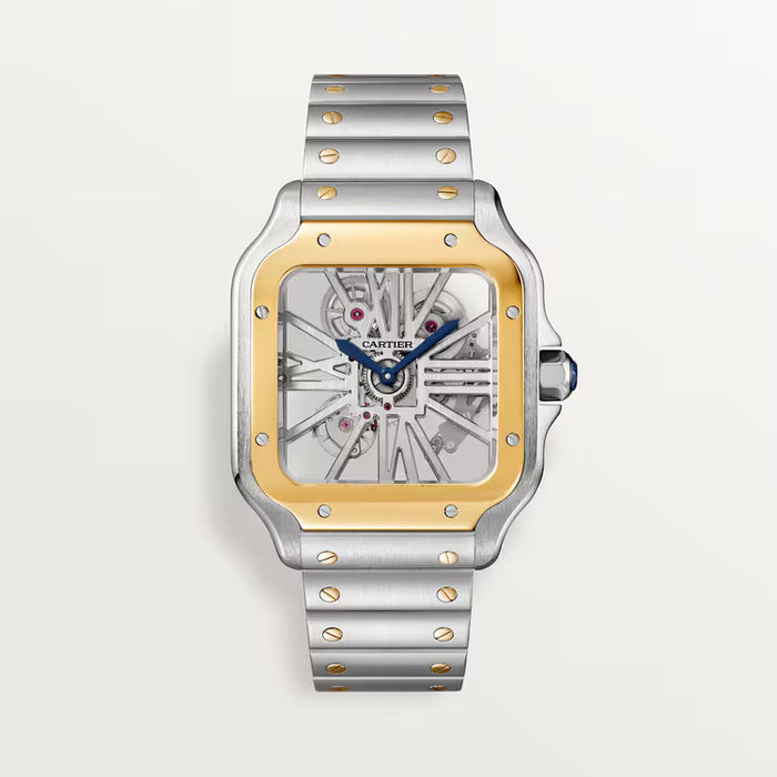 Cartier Santos de Cartier Skeleton WHSA0019 in gold and steel with openworked dial.