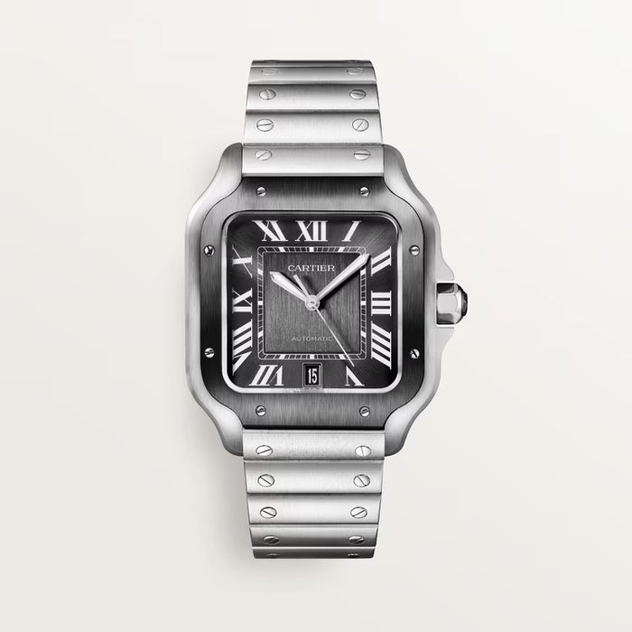 Cartier Santos de Cartier WSSA0037 in stainless steel with black dial and SmartLink bracelet.
