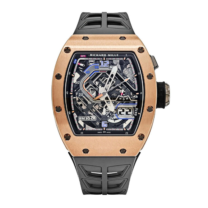 Richard Mille RM 30-01 Rose Gold 50mm Skeleton Dial Luxury Watch with Rubber Strap