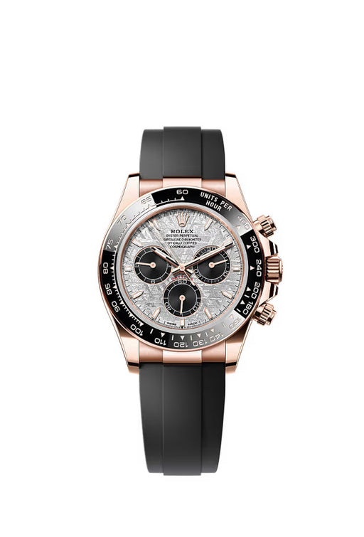 "Rolex Cosmograph Daytona Ref. 126515LN in 18 kt Everose Gold with meteorite and black dial and Oysterflex bracelet."