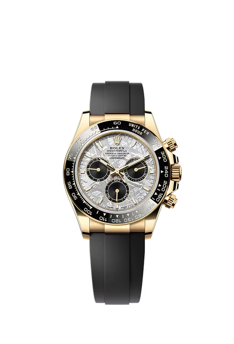 "Rolex Cosmograph Daytona Ref. 126518LN in 18 kt Yellow Gold with meteorite and black dial and Oysterflex bracelet."