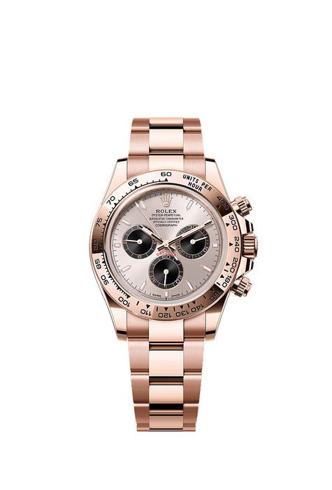 Rolex Cosmograph Daytona 126505 in 18 kt Everose gold with Sundust and bright black dial, tachymetric bezel, and Oyster bracelet.