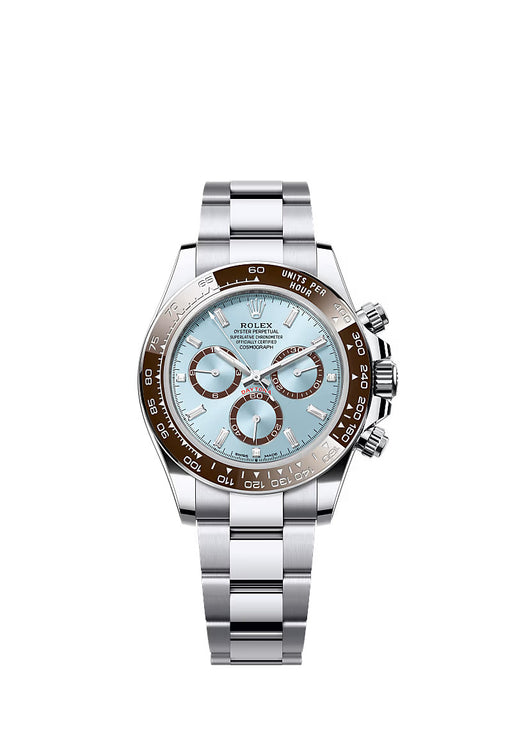 Rolex Cosmograph Daytona 126506 in platinum with ice blue diamond-set dial, chestnut brown Cerachrom bezel, and Oyster bracelet.