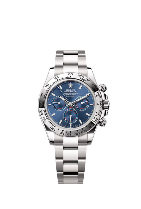 Rolex Cosmograph Daytona 126509 in 18 kt white gold with bright blue dial, tachymetric bezel, and Oyster bracelet.